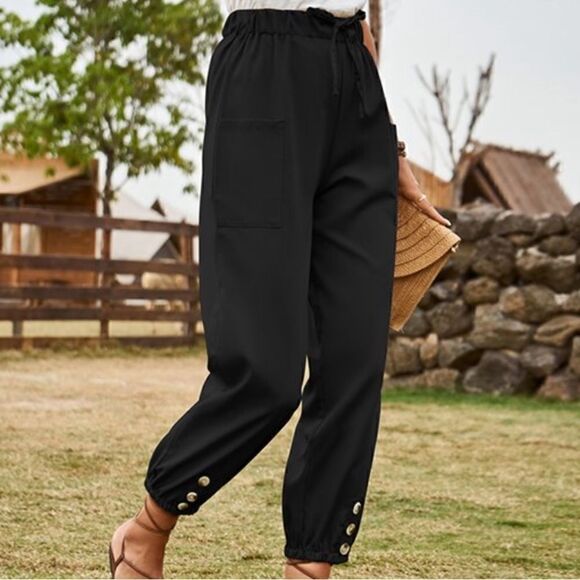 Black Pocket-Tie Waist, button accent lightweight cotton blend pants size L nwt - Picture 2 of 13